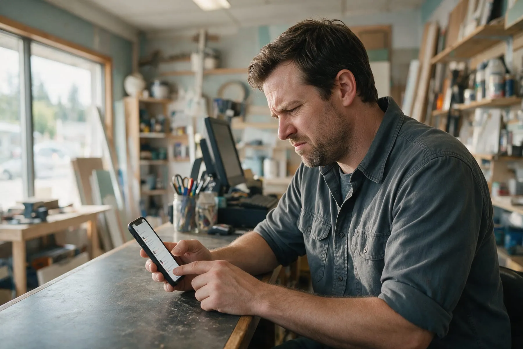 Small business owner in BC reading a negative Google review on his phone