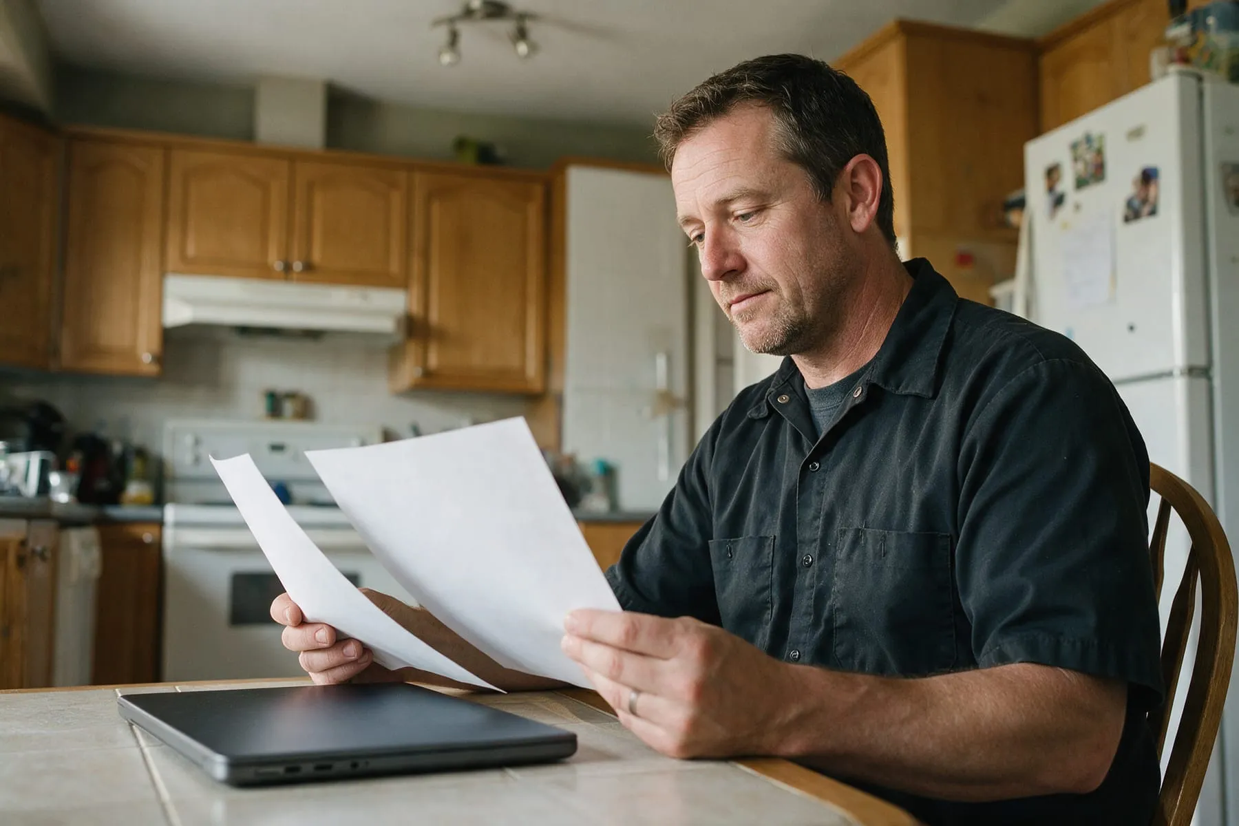 Business owner comparing two website design quotes at a kitchen table