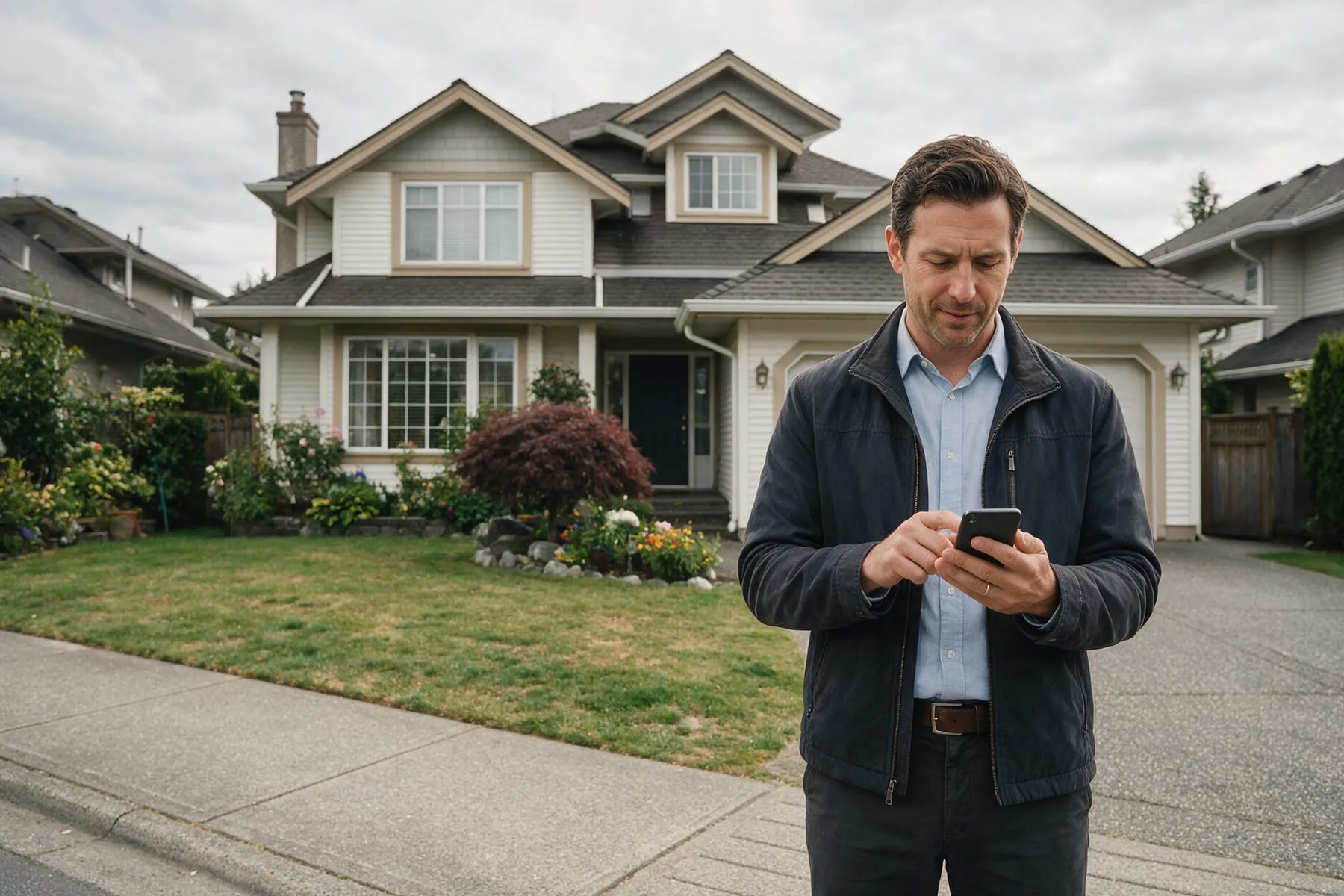 Real estate agent in BC checking new leads on a phone outside a listing