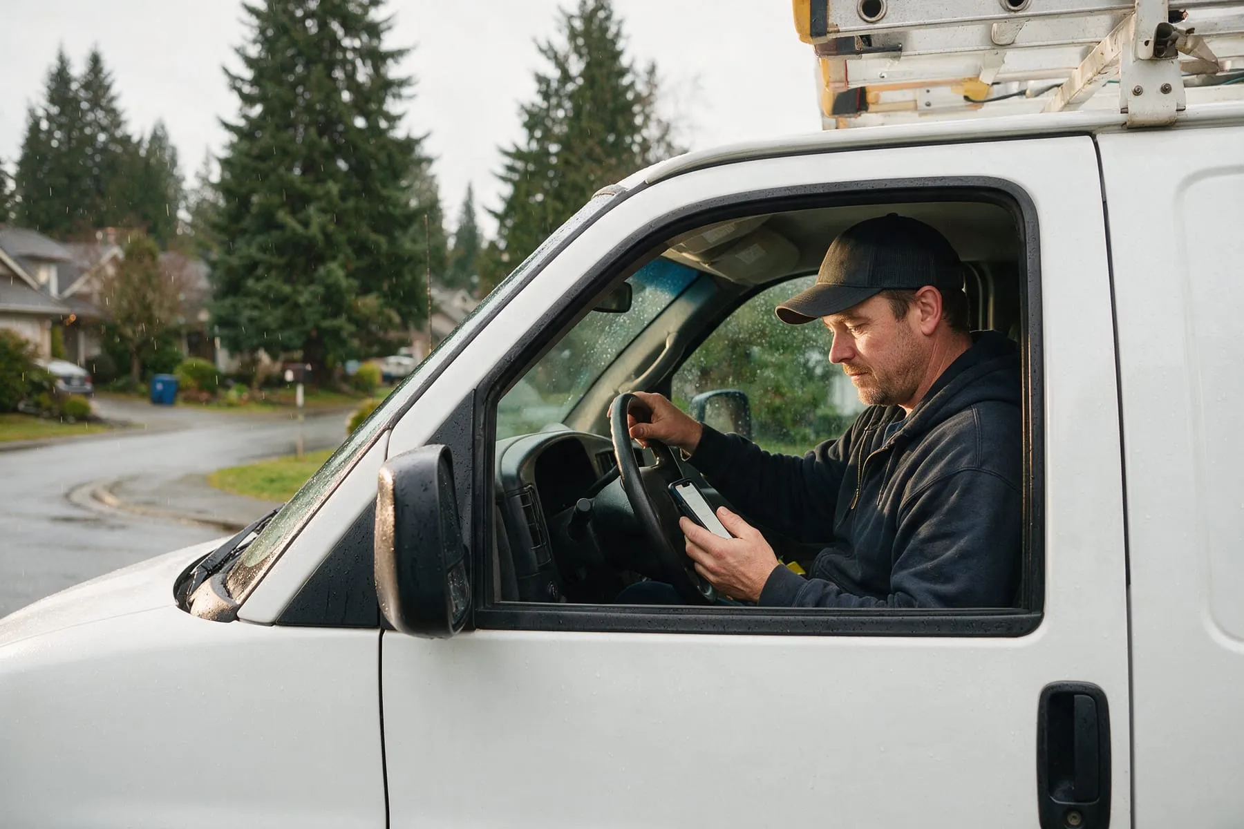 HVAC technician checking new service calls on a phone