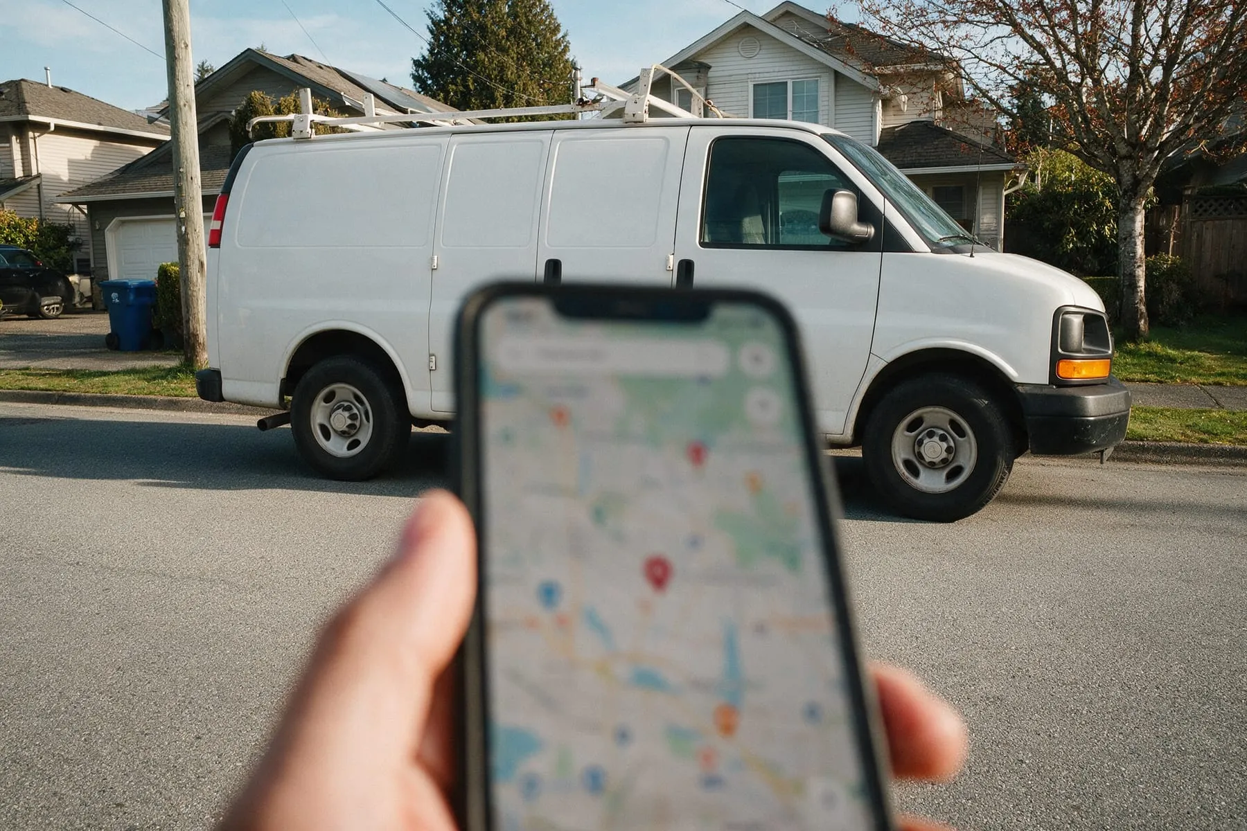 Phone showing local map search results near a service van