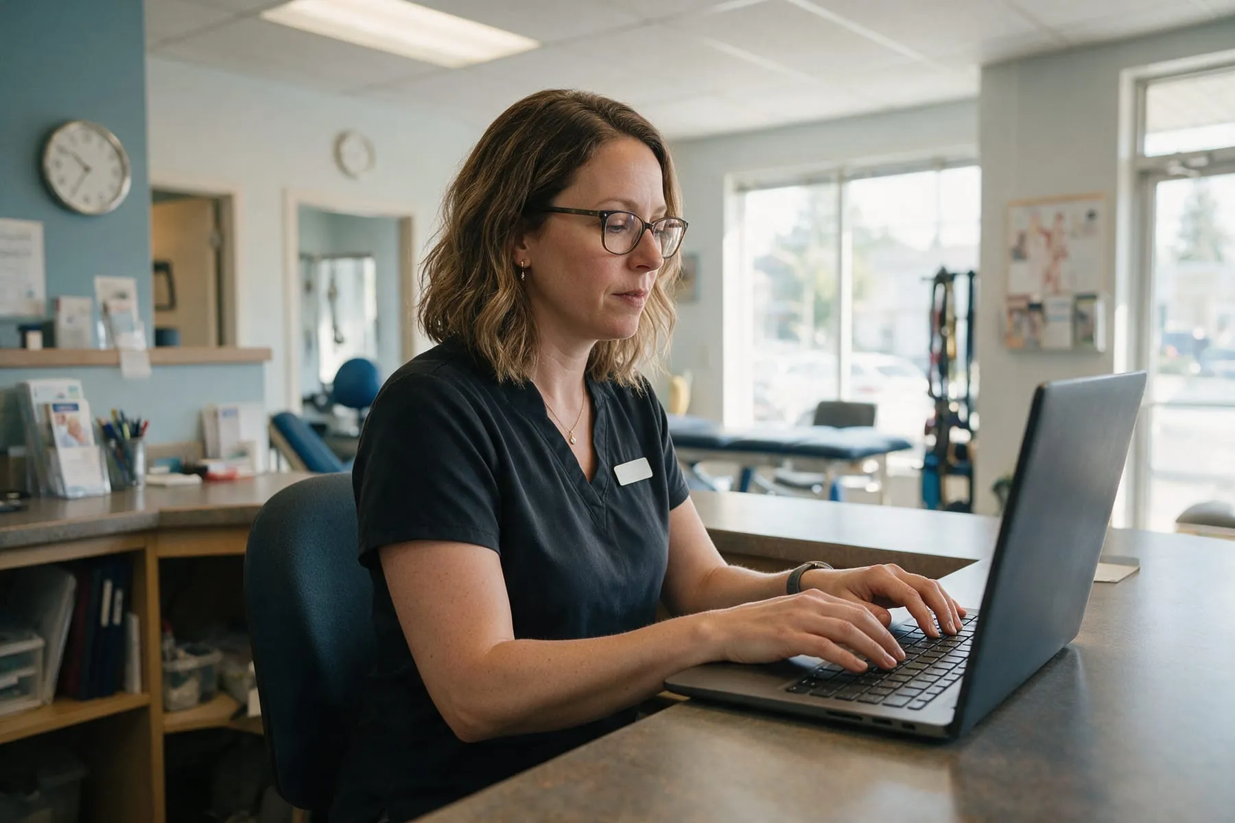 Clinic manager replying to customer reviews from a laptop