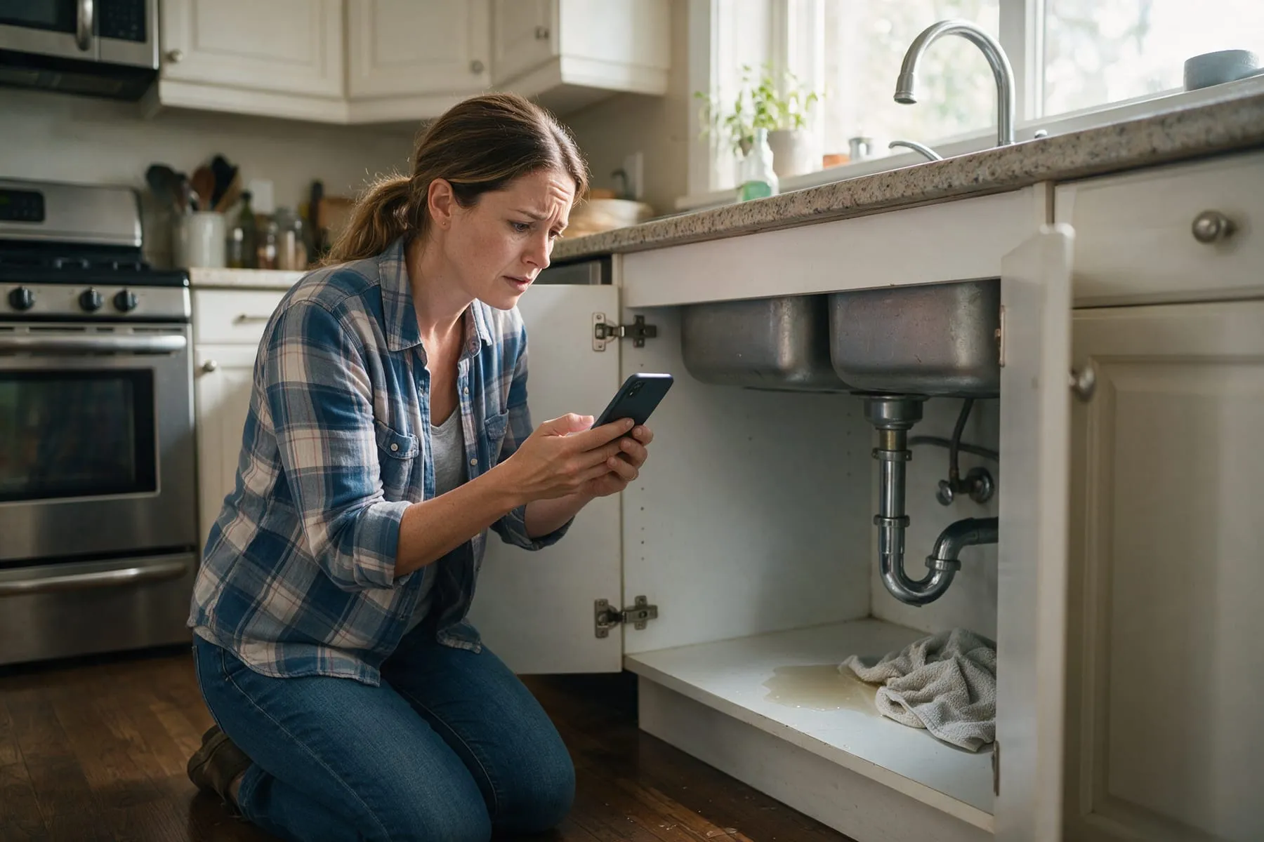 Homeowner searching Google for an emergency plumber on a phone