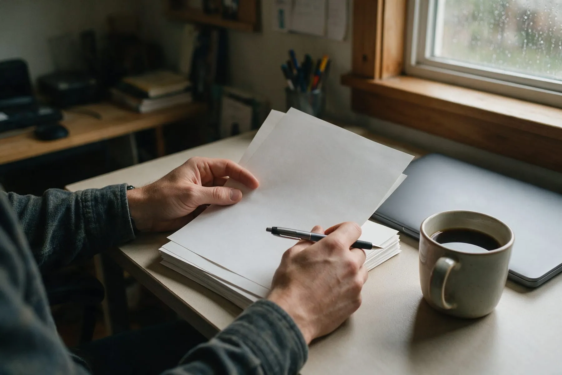 Business owner reviewing paperwork for yearly website costs at a home office desk