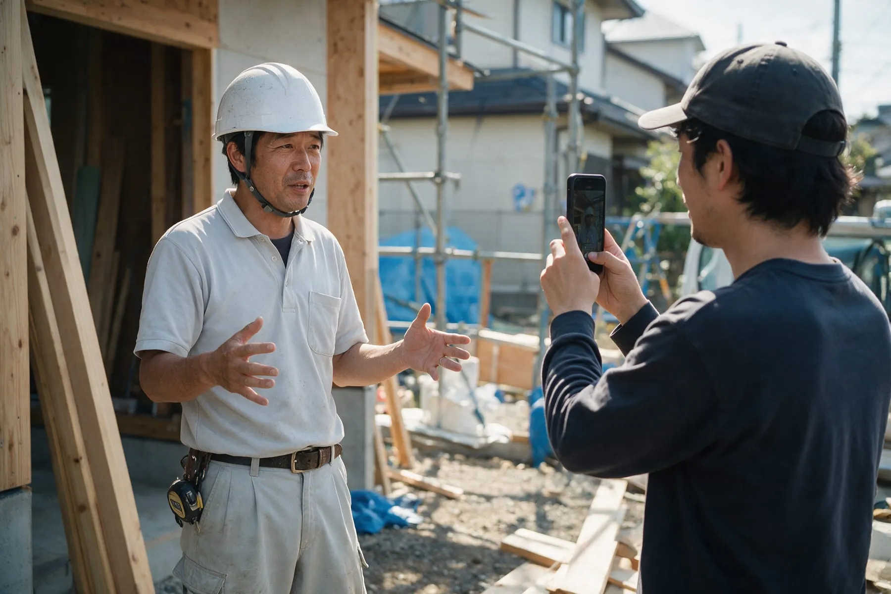Contractor filming a short video ad at a job site