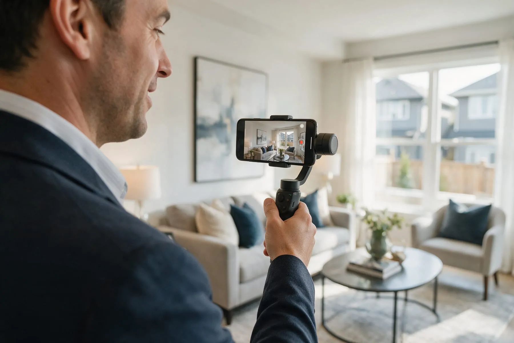 Agent filming a listing video for social media in a BC home