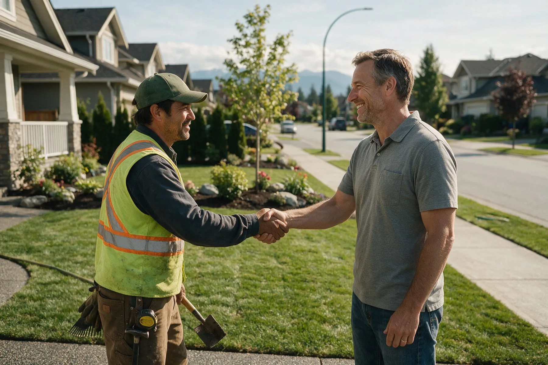 Landscaper thanking a happy customer after a finished job