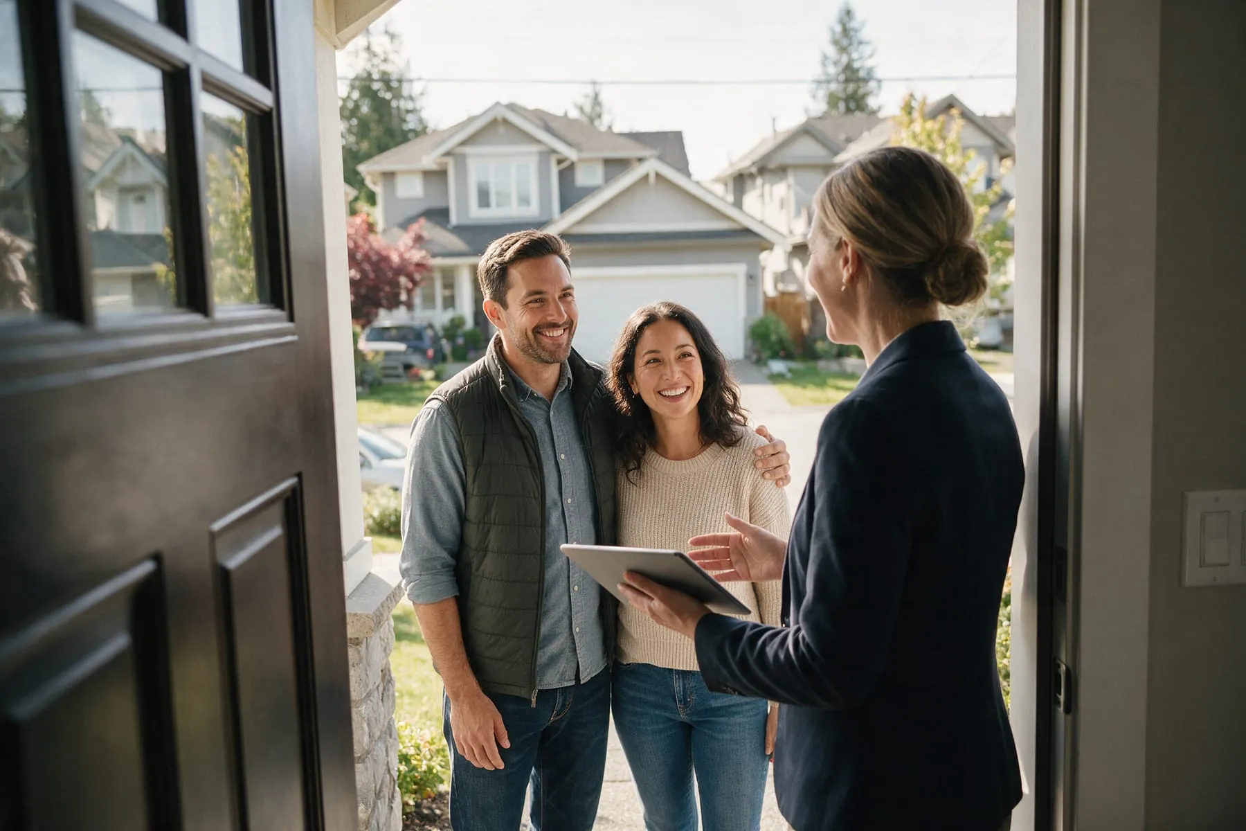 Realtor welcoming buyers at an open house and collecting their details